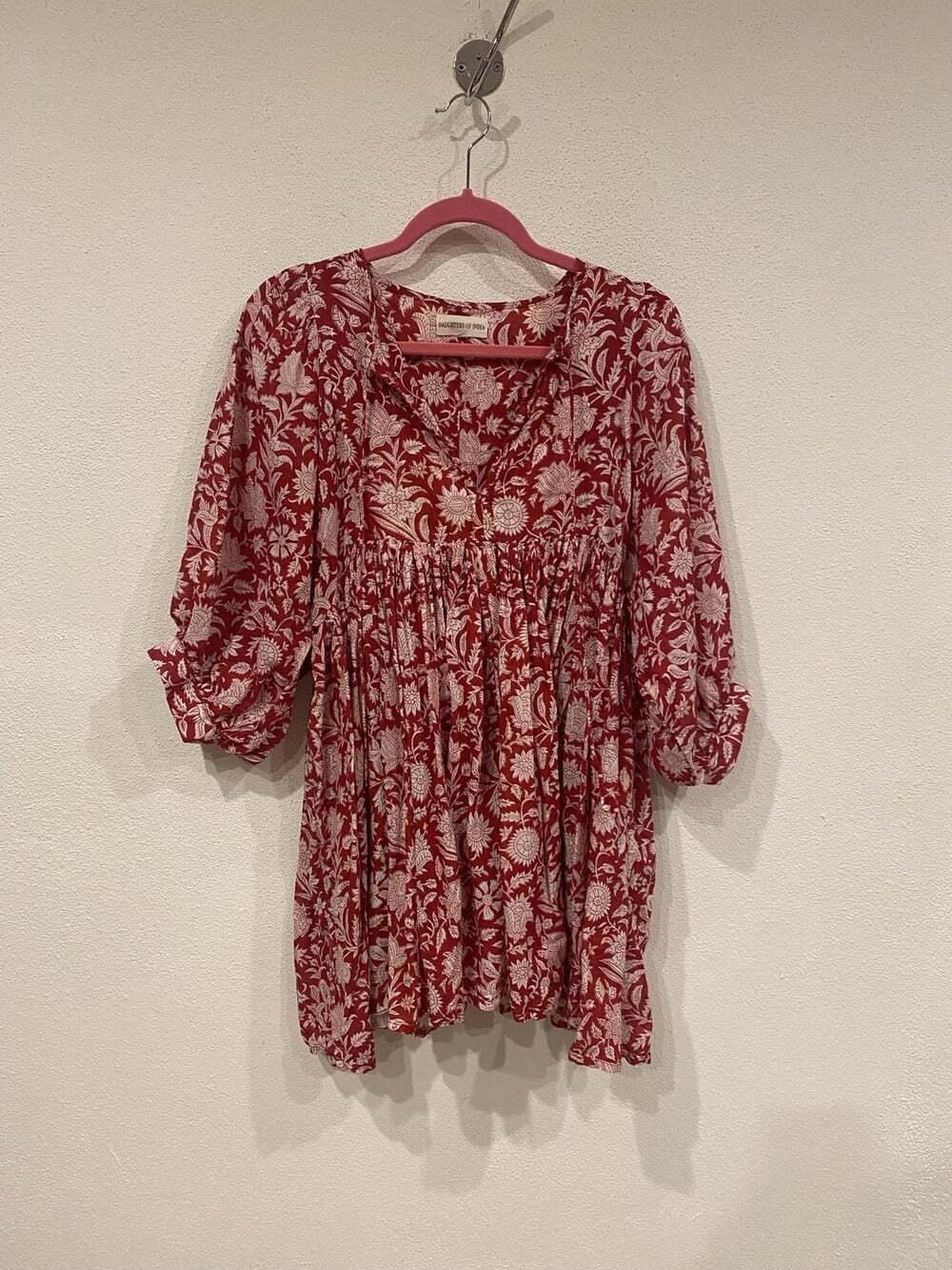Daughters Of India Dress Womens Small Red Floral 3/4 Sleeve Swing Boho Trapeze